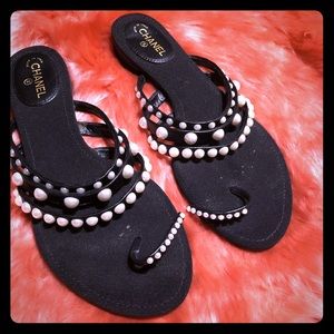 Chanel Black Flat Sandal With Pearls